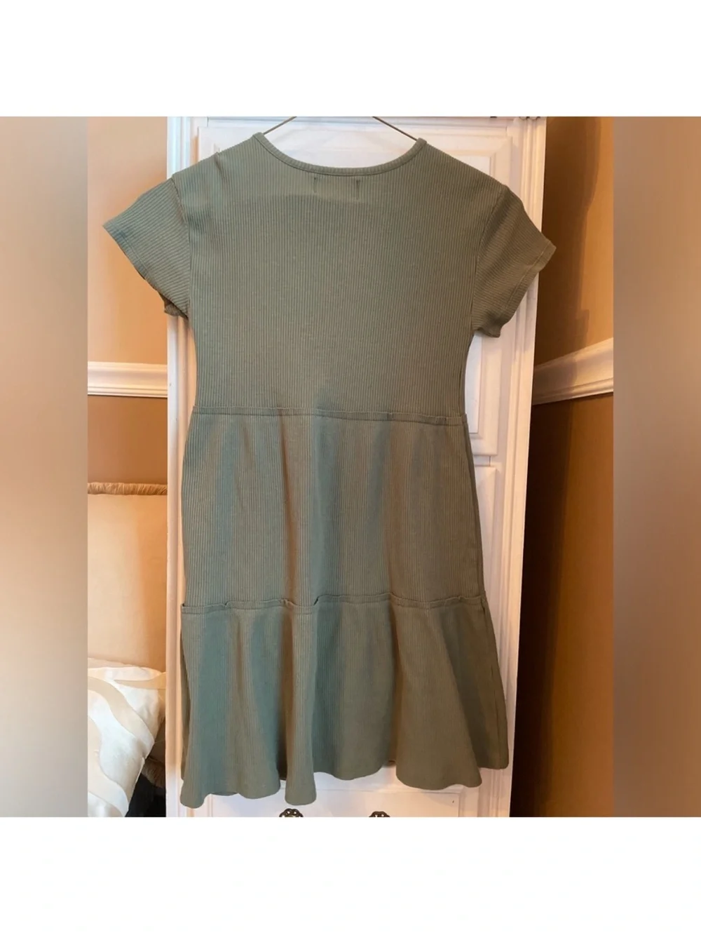 Old Navy Olive Green Ribbed Tiered Short-Sleeve Dress